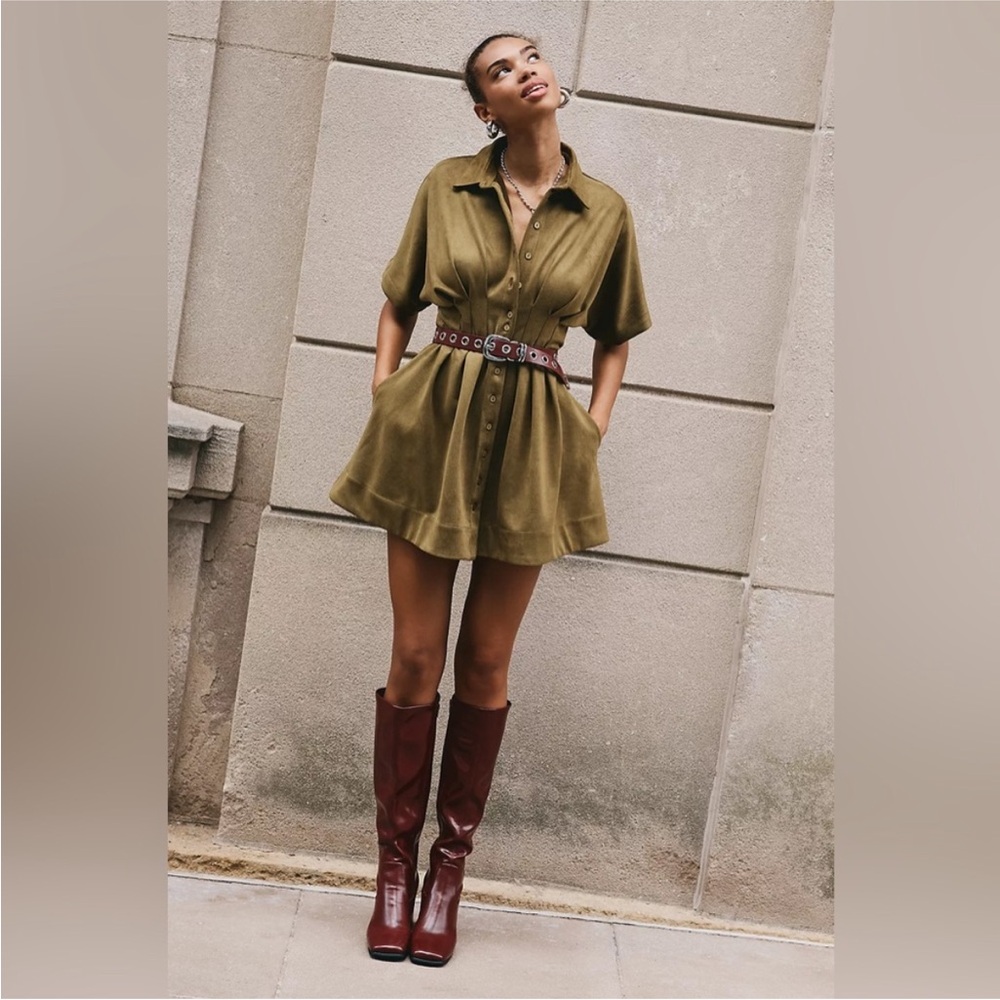 Anthropologie The Tobie Faux-Suede Mini Shirt Dress by Exquise